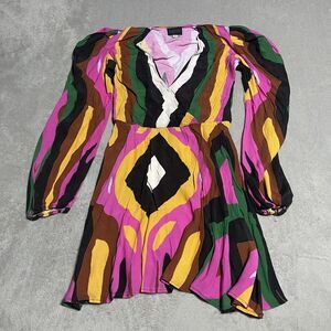 Megan Renee Dress Womens Small Tabitha Kaleidoscope V Neck Ruffle Hem Mini